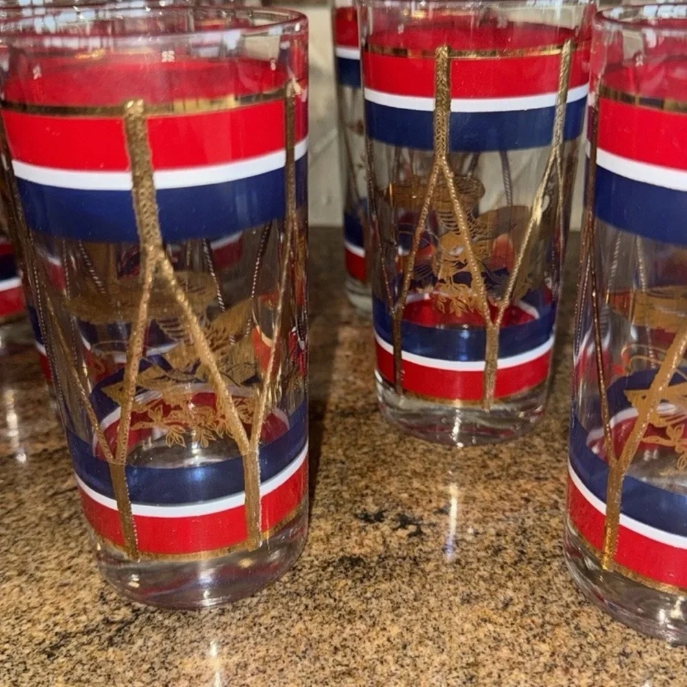 Set/8 Antique House Art Hi Ball Set Red White Blue & Gold Eagle Drum Design